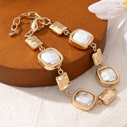 14K Gold & Silver Plated Lightweight Link Bracelet for Women | Stackable Bracelets ,14K Gold Plated Bracelets with CZ,Lightweight Trendy Chain Bracelet Jewelry Gift - style: square&pearl