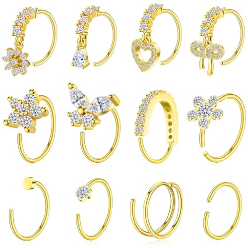 BSJ4U Hoop Nose Rings for Women Nose Piercings 20G Stainless Steel Nose Rings Hoops Heart Butterfly Flower Bow Teardrop Double Nose Hoops Gold Plated Silver Pink Clear CZ Nose Piercing Jewelry - color: Gold Plated Clear Nose Rings