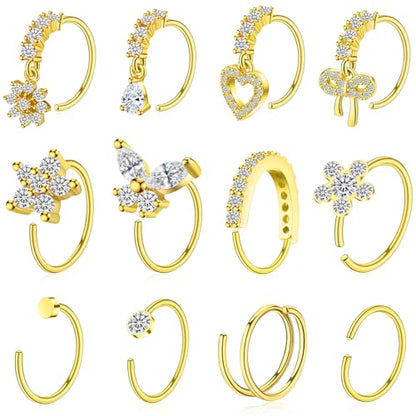 BSJ4U Hoop Nose Rings for Women Nose Piercings 20G Stainless Steel Nose Rings Hoops Heart Butterfly Flower Bow Teardrop Double Nose Hoops Gold Plated Silver Pink Clear CZ Nose Piercing Jewelry - color: Gold Plated Clear Nose Rings