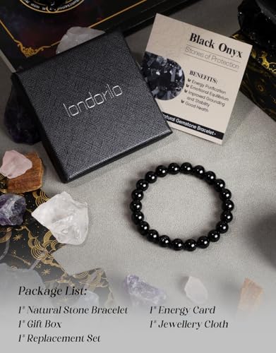 Natural Stone Beaded Bracelets for Men Women, 4mm 6mm 8mm | Healing Crystal, Protection Gemstone, Gift Packaging with Energy Card, Stretch Jewelry, Replacement Beads Included, 18 Stone - color: Black Onyx(Protection & Energy), size: 8mm