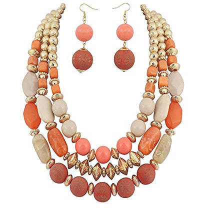 Bocar 3 Layer Chunky Statement Beaded Necklace and Earrings Set, Fashion Multi Layer Women Collar Necklace Jewelry Set - color: Coral Pink
