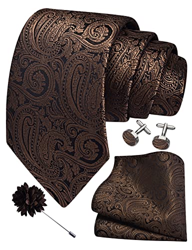 GUSLESON 3.15"（8cm） Mens Tie and Lapel Pin Paisley Necktie Hankerchief Cufflinks Set for Men - color: Brown
