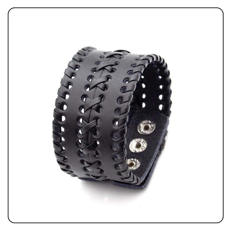 Punk Rock Wide Cuff Wristband Braided Leather Bracelet - color: Black