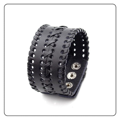 Punk Rock Wide Cuff Wristband Braided Leather Bracelet - color: Black