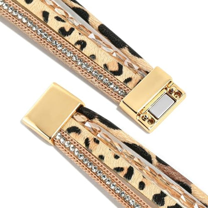 Wrapped Bracelets for Women,Leather Boho Bracelets for Women - color: Beads-Leopard