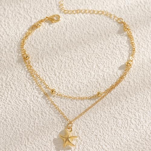 Gold Starfish Seashell Anklets Bracelets for Women Dainty Gold Layered Shell Link Chain Anklets Summer Conch Seashell Foot Bracelet Jewelry for Beach Vacation - color: gold5
