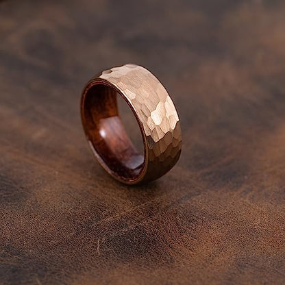 8mm Tungsten Carbide Genuine Natural Koa Wood Inner Inlay Ring Black/Gold/Silver/Rose Gold Wedding Band Hammered Textured Flat Style Comfort Fit Gift Box Included - color: Hammered Rose Gold Tungsten