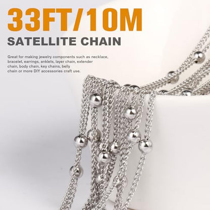 33FT 2mm Stainless Steel Satellite Bead Chains Roll Bulk for Jewelry Making | 304 Stainless Steel Ball Beaded Twisted Curb Link Chains Spool for DIY Craft - color: Stainless Steel Big Beads Satellite Curb Chain