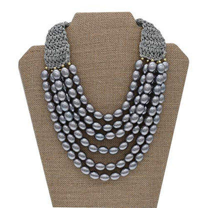 utop JNF Hand made Pearl Statement Necklace for Women Rhinestone Multilayer Crystal Necklaces Chunky Pearl Necklace Large Pearl Necklace and Earrings Set for Mother Mom's gift - color: grey pearl necklace