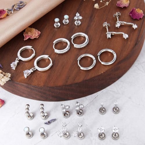 Stainless Steel Stud Earrings Set for Women Hypoallergenic Flat Back Cartilage Earrings Screw Back Huggie Hoop Earrings Multiple Piercing Cubic Zirconia Helix Tragus Jewelry - color: Set-F-Silver