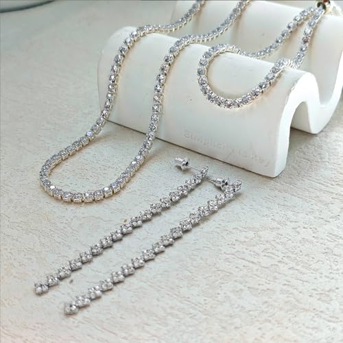 HAXIYA Tennis Necklace Bracelet for Women, Sterling Sliver Jewelry Set, Silver/Gold Chocker Necklace, Crystal Bracelet for Women, Wedding Jewelry for Bride, Sparkly Party Prom Hypoallergenic - color: Rhombus Set of 3 - Silver