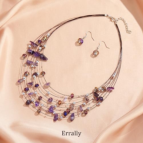 Multi-Layer Boho Shell Beaded Necklace for Women Colorful Crystal Strand with Silver Beads Statement Collars Necklace and Earrings Costumes Jewelry Sets for Women - color: 48-Purple