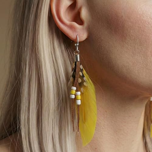 Aloha Earrings-Clip On Real Feather Earrings-Dangle Clip On Earrings Tassel Long Clip Earrings Bohemian - color: Yellow Feathers