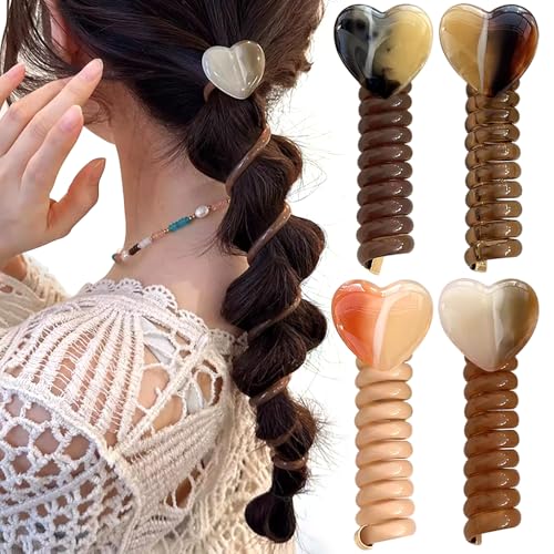 4Pcs Telephone Wire Hair Bands Spiral Hair Ties,Heart Decor Straight Phone Cord Hair Ties No Damage Coil Hair Ties Telephone Cord Hair Ties for Thick Hair Ponytail Holders Accessories for Women Girls