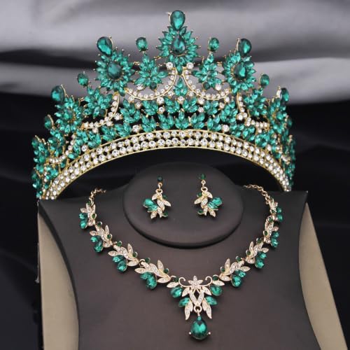 Crowns and Tiaras Jewelry Set for Women.Wedding (Gold Green) | Wedding Crown, Necklace Earrings, Princess Queen Birthday Party, Pageant Bridal, Costume Accessories - color: Gold Green