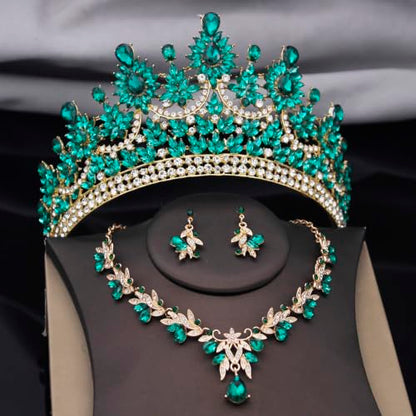 Crowns and Tiaras Jewelry Set for Women.Wedding (Gold Green) | Wedding Crown, Necklace Earrings, Princess Queen Birthday Party, Pageant Bridal, Costume Accessories - color: Gold Green