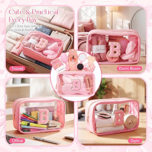 9 Pcs Bow Gift for Woman Set with Hair Headband Scrunchie Sleep Eye Mask Hair Claw Bow Comb with Mirror Monogram Cosmetic Bag Socks for Bachelorette Party Spa Sleepover Birthday Gifts (B) - style: B