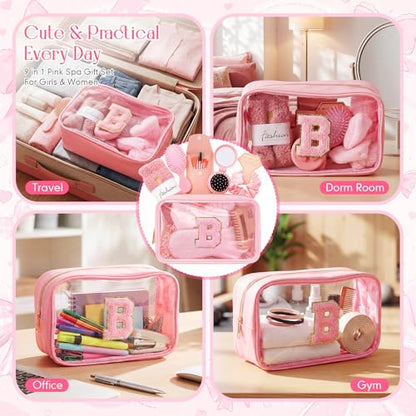 9 Pcs Bow Gift for Woman Set with Hair Headband Scrunchie Sleep Eye Mask Hair Claw Bow Comb with Mirror Monogram Cosmetic Bag Socks for Bachelorette Party Spa Sleepover Birthday Gifts (B) - style: B