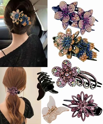 6 Pcs double flower decorative jeweled rhinestone hair clip pretty fancy floral thick crystal hair clips for women beautiful fashion designer asian accessories long chinese korean vintage ornaments