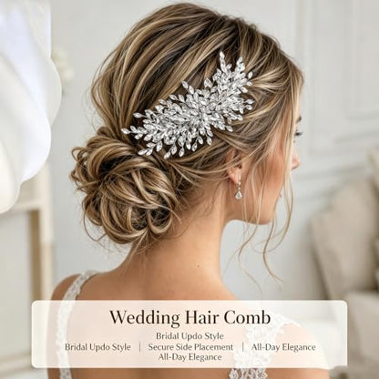 Rhinestone Leaf Wedding Hair Comb, Sparkly Bridal Hair Piece Accessories for Bride Bridesmaid Party Prom (Silver) - color: Silver