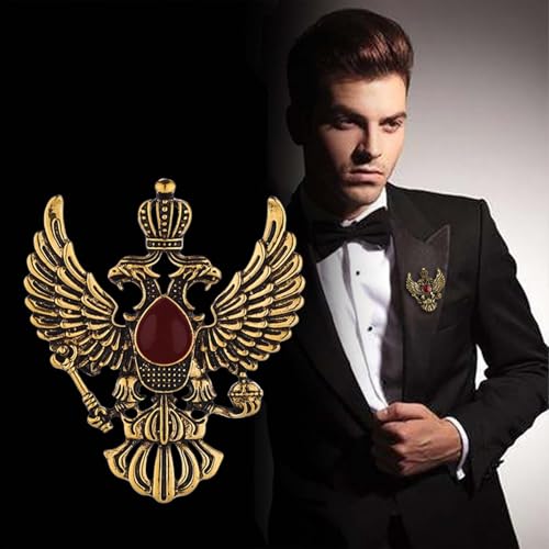 HETICA Vintage Animal Dragon Skull Wolf Crown Lion Brooch for Men Women Suit Tie Dress Lapel Pin Fashion Jewelry - style: Vintage Gold Double-Headed Eagle