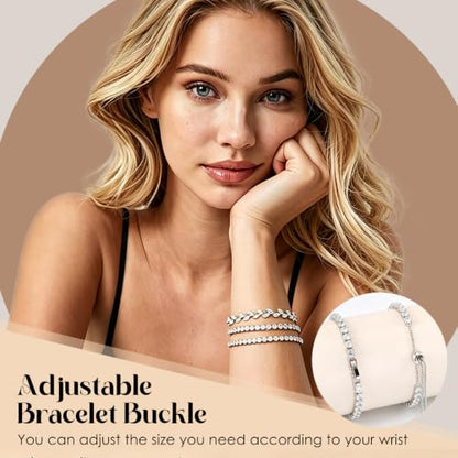 GEMOSA 3 Pcs Tennis Bracelets for Women Silver Gold Bule CZ Braclet Set | Marquise Cubic Zirconia CZ Diamond, Dainty Adjustable Silver Gold Bule Bracelets, for Women Brides, Stackable Fashion Jewelry - color: White