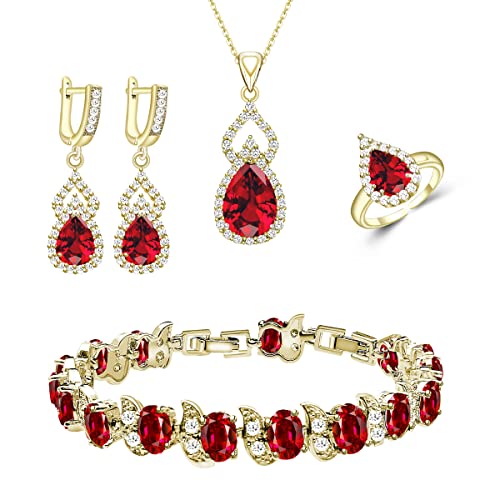 LMXXVJ Women Jewelry Set Platinum Plated Necklace Open Ring Earrings Bracelet Set,Birthday/Anniversary Mother’s Day Jewelry Gifts for Mom/Wife/Sister/Best Friend - color: Yellow Gold-Garnet