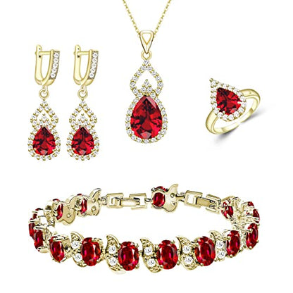 LMXXVJ Women Jewelry Set Platinum Plated Necklace Open Ring Earrings Bracelet Set,Birthday/Anniversary Mother’s Day Jewelry Gifts for Mom/Wife/Sister/Best Friend - color: Yellow Gold-Garnet