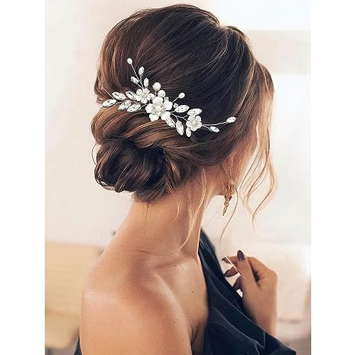 Bride Wedding Hair Comb Silver Flower Bridal Hair Piece Crystal Side Combs Hair Accessories for Women and Girls (A-Silver)