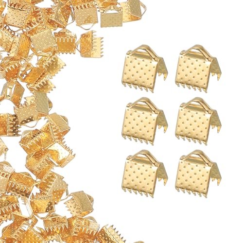 uxcell 200Pcs Ribbon Ends, 6mm Ribbon Crimp Clamp End Bookmark Leather Pinch Crimps Cord Ends, Foldable Clasps Crimp End for Necklace Bracelet DIY Craft Making, Light Gold - color: Light Gold, size: 6mm