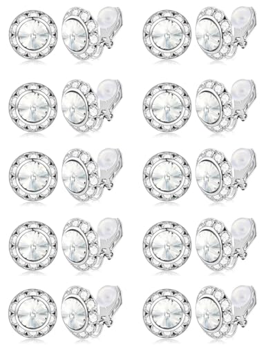 Tornito 10 Pairs Clip on Halo Earrings for Women Crystal Rhinestone Stud Earrings Clip for Dance Competitions Stage Opera Performance Wedding Party Round Shaped Multicolored Ear Clips Jewelry 15mm - color: Clear