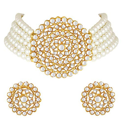 Aheli Pearl Diamond Choker Necklace & Round Earrings Gift for Women Indian Traditional Bollywood Fashion Bharatanatyam jewellery set - color: White 2
