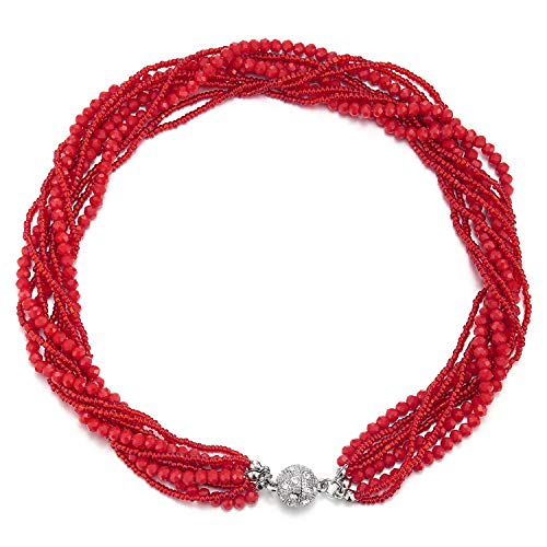 COOLSTEELANDBEYOND Multi-Layer Beads Crystal Braided Chain Choker Collar Magnetic Clasp,Statement Necklace, Bracelet - color: A1-Necklace Red Color