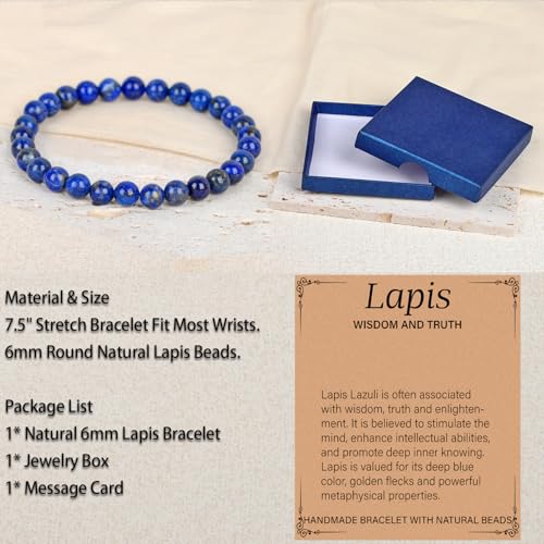 LPBeads Handmade Natural Gemstone Stretch Elastic Bracelet Healing Crystal Round Stone Beads Jewelry Gifts for Women Men - color: Lapis Lazuli, size: 6mm