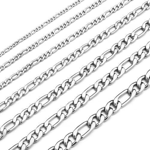 Monily 24K Gold Plated Figaro Chain Stainless Steel Necklace Men Women - color: Silver 12mm