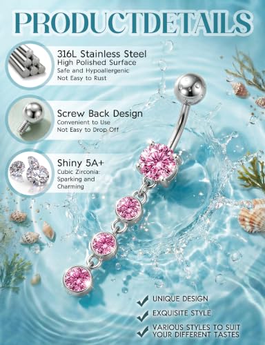 ORAZIO Gold Belly Button Ring Dangle Hypoallergenic Surgical Stainless Steel Belly Rings for Women 14G Belly Button Piercing Cute Navel Ring Belly Piercing Jewelry - color: Pink