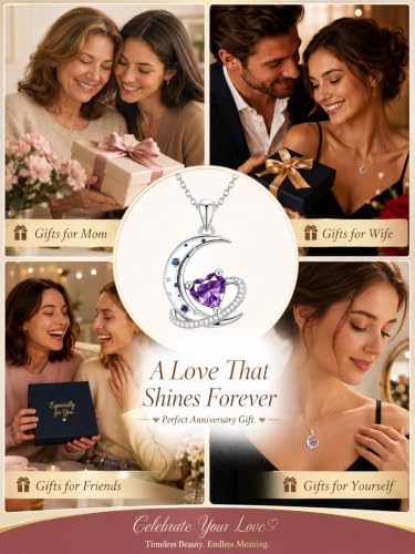 Birthstone Necklace for Women White Gold Moon and Star Pendant Moon Jewelry Anniversary Birthday Gifts for Mom Wife Her - color: 02. February - Amethyst