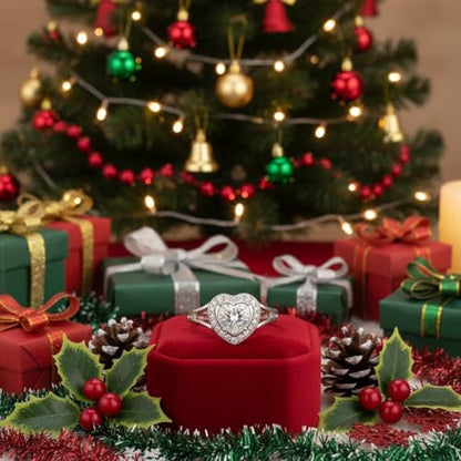 AOBOCO Heart Shaped Open Promise Ring for Women, White Cubic Zirconia Halo Adjustable Ring, Elegant Love Design, 925 Sterling Silver