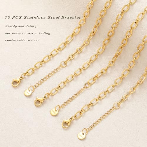 10 PCS Bracelets for Women Stainless Steel Chain Link Bracelet Set | 6.7 Inches with Extender, Jewelry Gifts for DIY, Chains Bulk, Oval, Curb, Figaro Chains, 18K Gold Plated, Silver, Chunky - color: Cable Gold