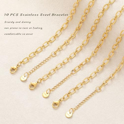 10 PCS Bracelets for Women Stainless Steel Chain Link Bracelet Set | 6.7 Inches with Extender, Jewelry Gifts for DIY, Chains Bulk, Oval, Curb, Figaro Chains, 18K Gold Plated, Silver, Chunky - color: Cable Gold