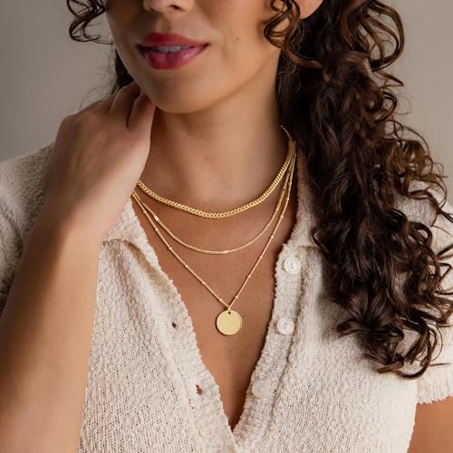M MOOHAM Layered Gold Necklaces Stack for Women No Tarnish | 14K Gold Plated, Stackable Pendant Necklace Set, Snake Rope Cuban Paperclip Chain, CZ Coin Pendant, Dainty Jewelry Gifts - color: 3 Layered Cuban Thin Dot Coin Pendant-Gold