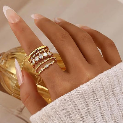 5PCS Gold Rings for Women, Statement Gold Knuckle Rings Set, Dainty 14K Gold Plated Stacking Cubic Zirconia Thumb Rings - size: 7