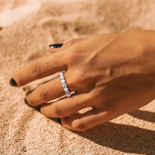 Birthstone Wedding Band Eternity Rings 925 Sterling Silver Rings Stackable Anniversary Engagement Rings Cubic Zirconia Inlaid Created Garnet/Amethyst/Sapphire Ring 7 Stone Ring, Size 6 to 10 - color: Opal & 5A CZ