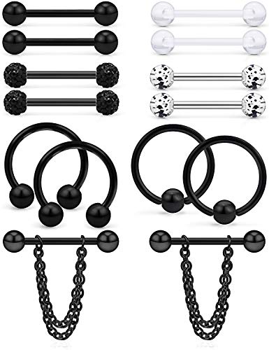 Hoeudjo 14Pcs 14G Surgical Steel Chain Dangle Nipple Rings Barbell Piercing Jewelry Retainer for Women - color: 7 Pairs/14G/Black