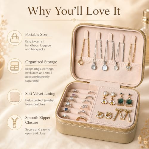 Travel Jewelry Box, Jewelry Box with Embossed PU Leather Small Jewelry Organizer Case with Zipper, Velvet Lined Ring Earring Necklace Case for Travel, 6.3 x 4.7 x 2.4 in - color: Golden