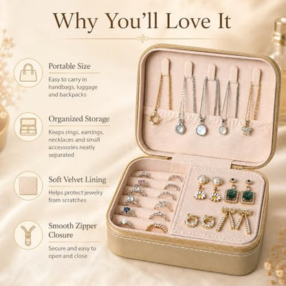 Travel Jewelry Box, Jewelry Box with Embossed PU Leather Small Jewelry Organizer Case with Zipper, Velvet Lined Ring Earring Necklace Case for Travel, 6.3 x 4.7 x 2.4 in - color: Golden