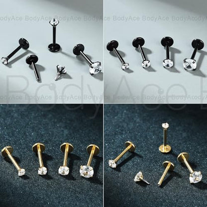 16G 18G Tragus Piercing Labret Medusa Jewelry Flat Back Earrings Nose Stud | Long Internally Threaded Monroe Lip Rings Surgical Steel CZ Cartilage Helix Studs Conch Piercings - color: Silver, size: 1.0mm=18G,BL:5mm