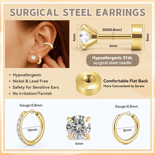 Silver/Gold Stud Hoop Earrings:Hypoallergenic Surgical Stainless Steel Small Cartilage Huggie Hoop Earrings Flat Back Earrings Screw Back and Flatback Stud Earrings for Women Multiple Piercing Sensitive Ears - style: Gold-(8mm+10mm)hoop earrings+4mm cz st