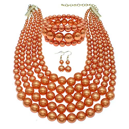 JNF Large Faux Pearl Necklaces for Women Multi strand Pearl Necklace Bracelet and Earrings Set 1920s Costume Pearls Necklace Jewelry Accessories - color: Orange Pearl Necklace