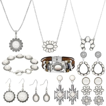 NEWITIN 20 Pieces Silver Bohemian Jewelry Set for Women Fashion Costume Jewels Turquoise Necklace Bracelet Ring Earrings Western Turquoise Jewelry Set for Women - color: Turquoise Jewelry White Set